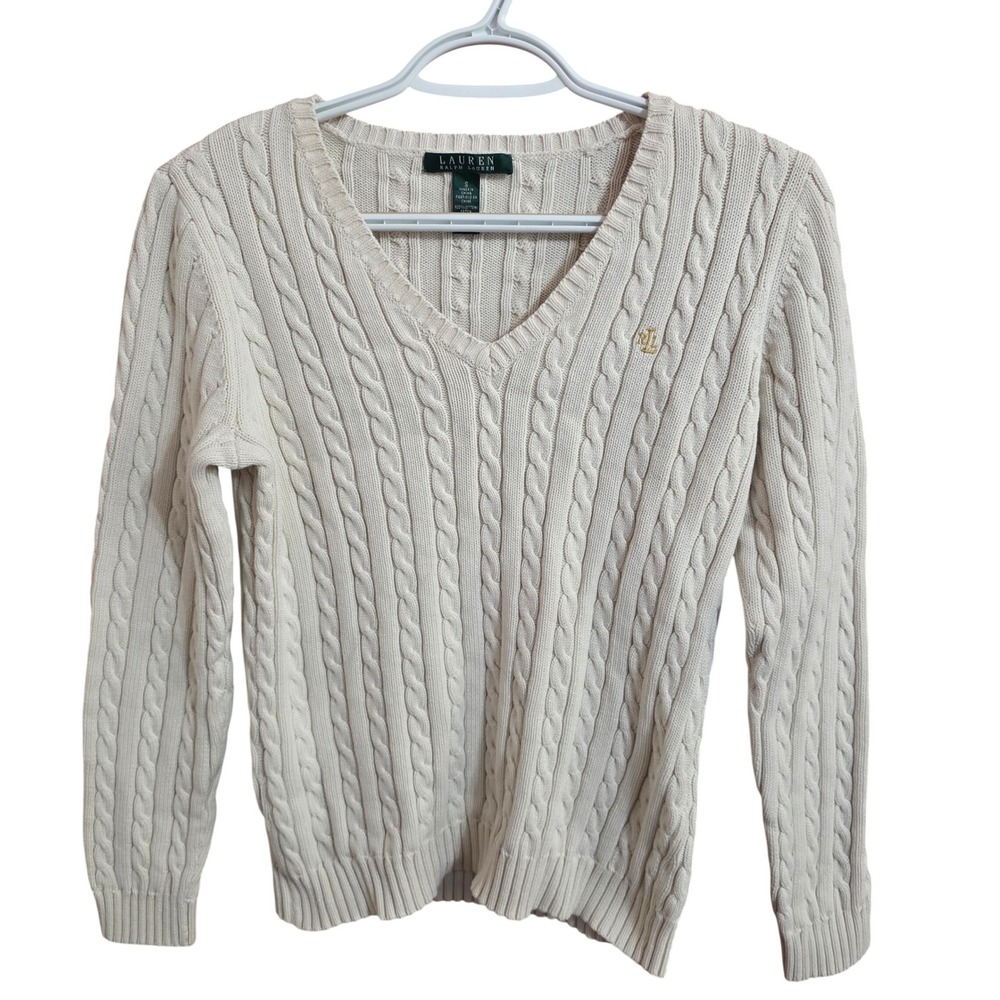 Lauren Ralph Lauren Womens Cream Cable Knit V-Neck Cotton Sweater Small LRL Logo
